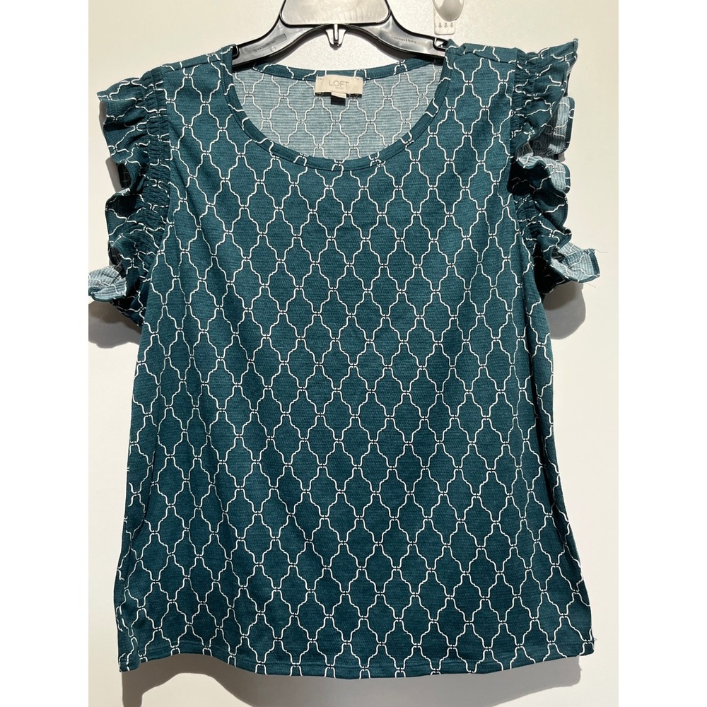 LOFT Outlet Womens Large Teal Green Geometric Lattice Ruffle Flutter Sleeve Top